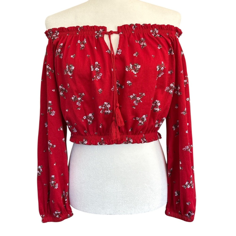 H&M Divided Floral Off‎ Shoulder Crop Top Long Sleeve Peasant Style Blouse Red M